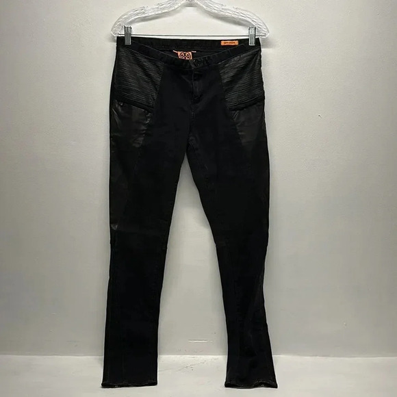 Tory Burch Jeans Low Rise Pants Denim Leather Trim Leggings Zip Up Black Size 28 - Picture 1 of 12